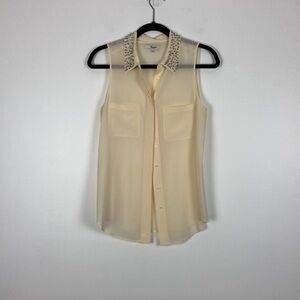 Madewell sleeveless button down 2 pocket faux diamond collar cream blouse Size M